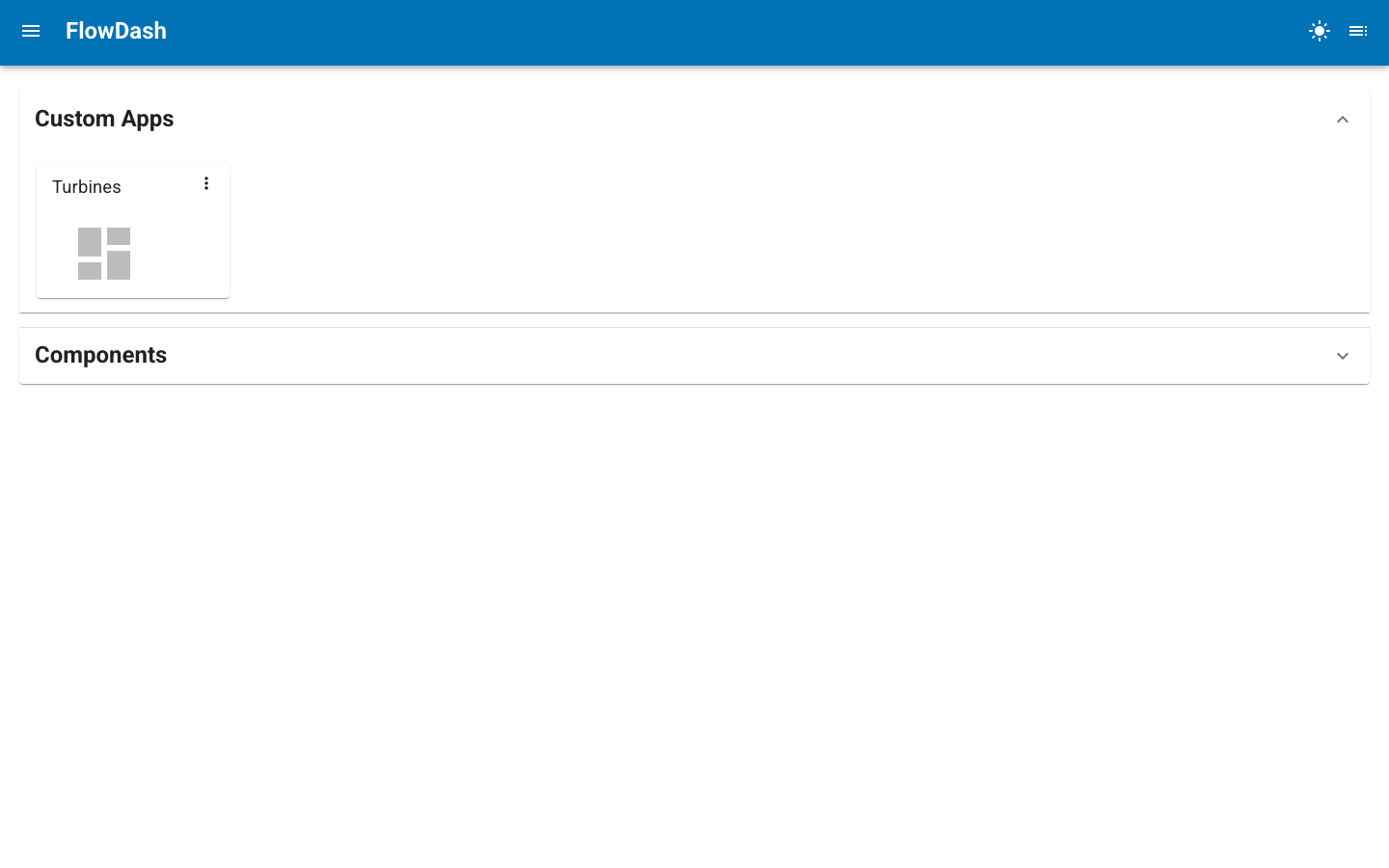 The FlowDash launcher listing saved dashboards under Custom Apps