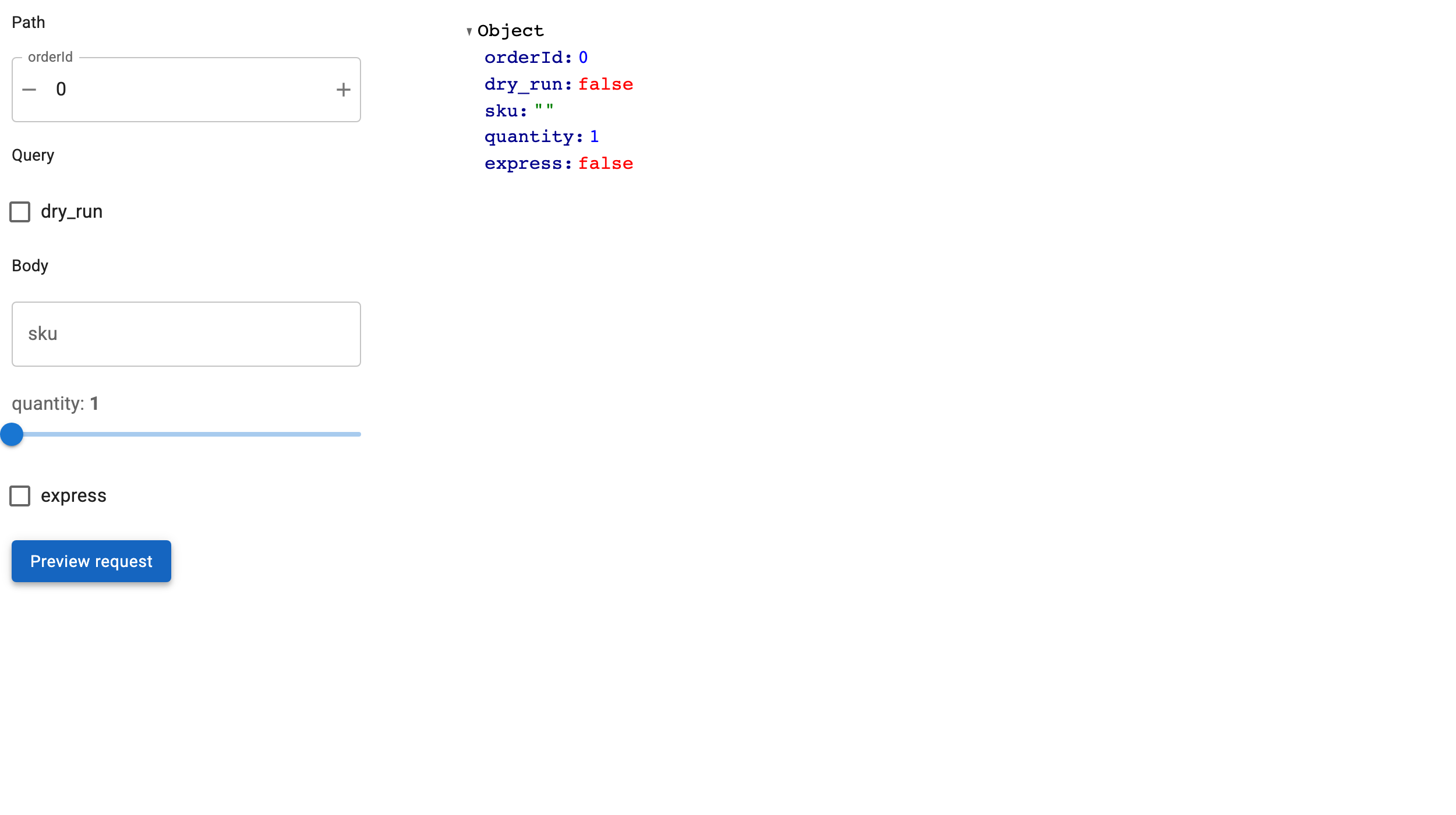 A hand-built form grouped by request location, previewing the request