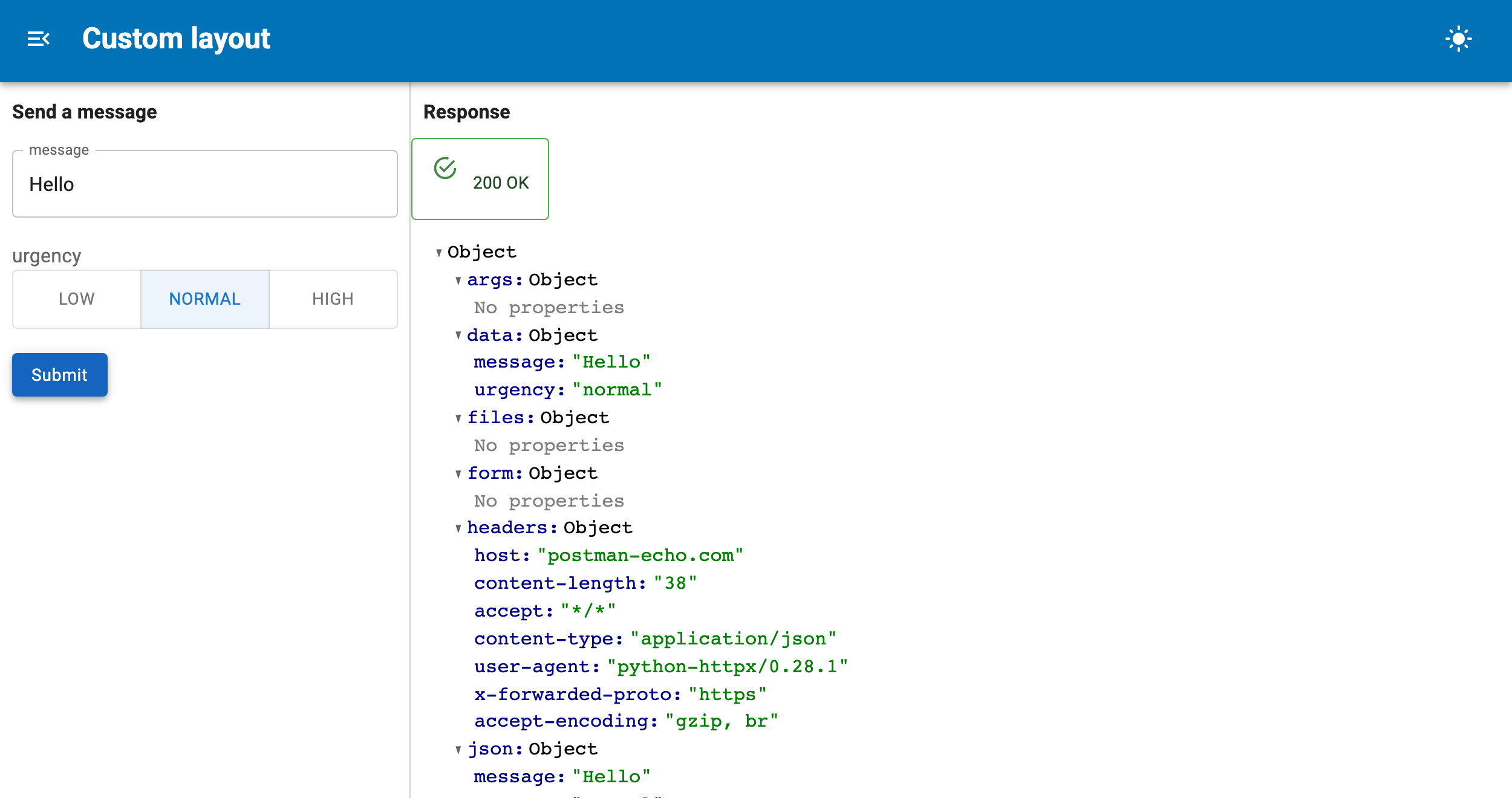 The form in a sidebar, the response in the main area