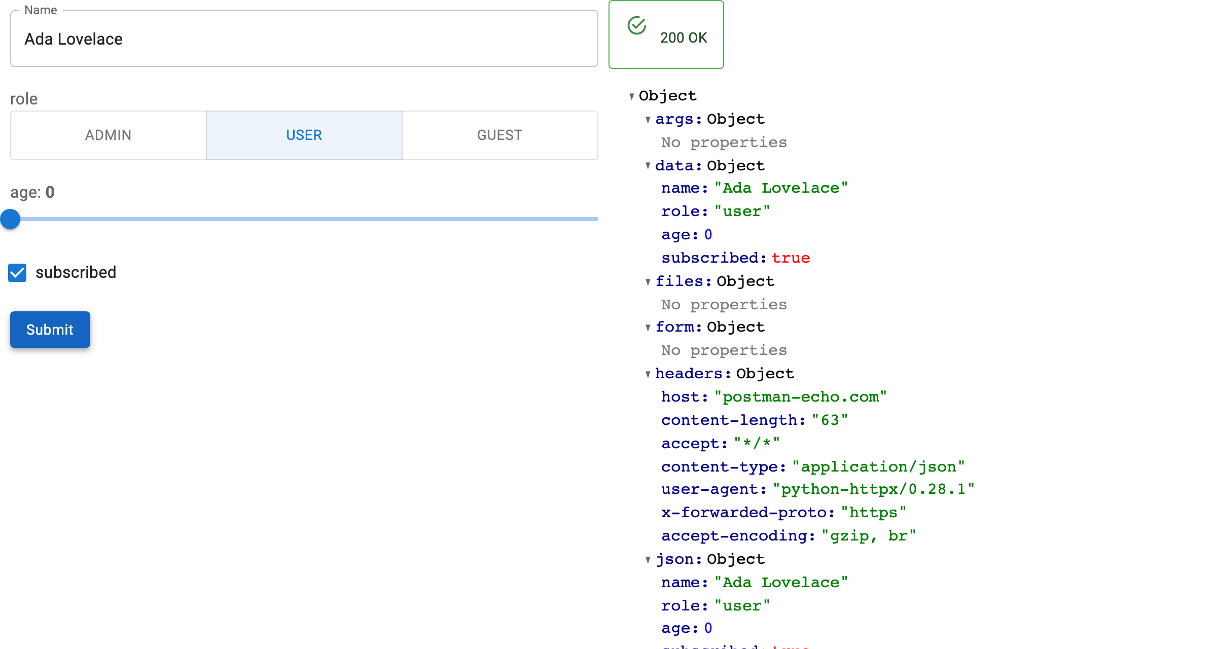 The quickstart form, with a live response beside it