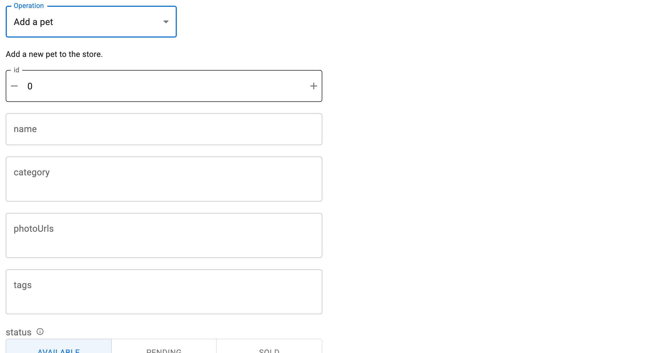 A form rebuilt for a different Petstore operation